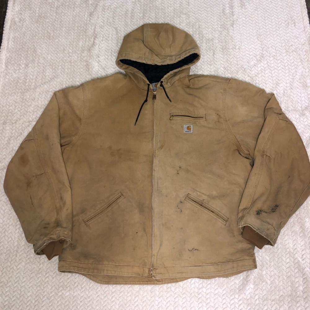 Carhartt 2XL Hooded Detroit Style J230 BRN Jacket Quilted Distressed Duck Canvas